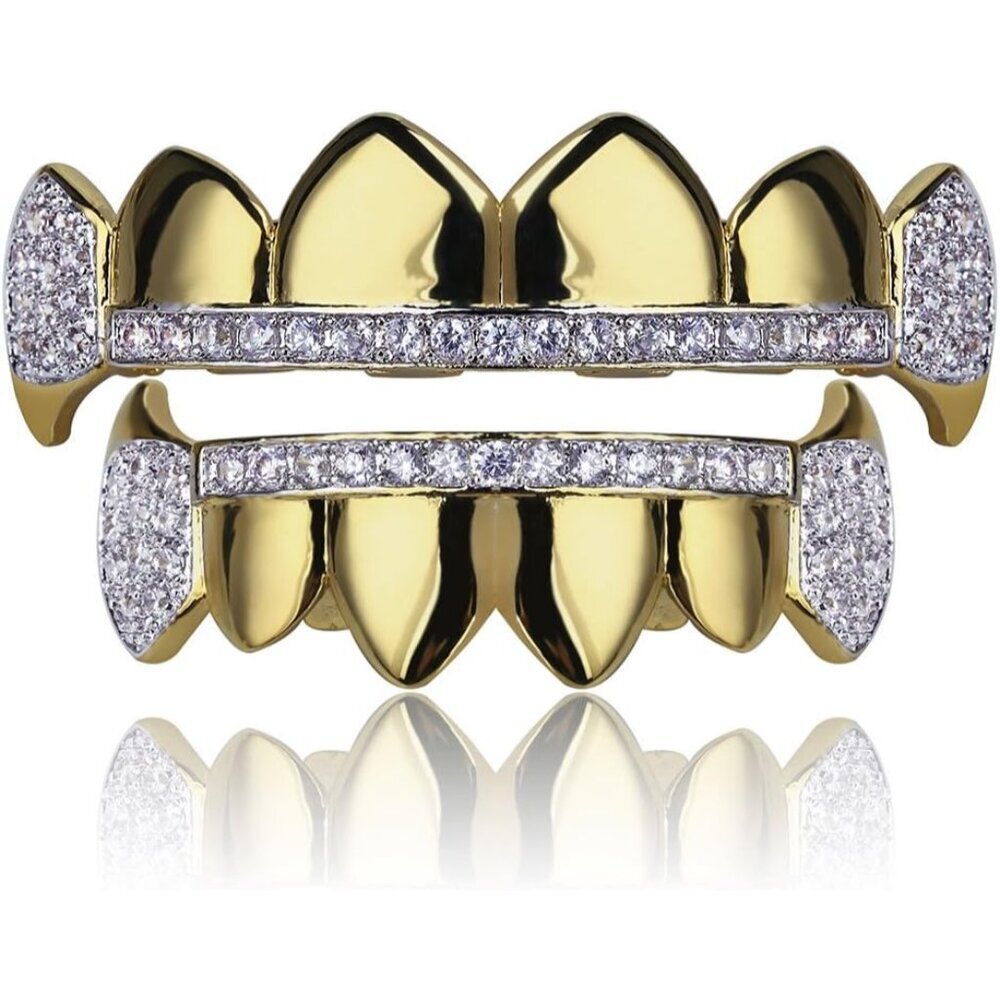 14K Gold Plated CZ Vampire Fangs Grillz for Hip Hop & Halloween